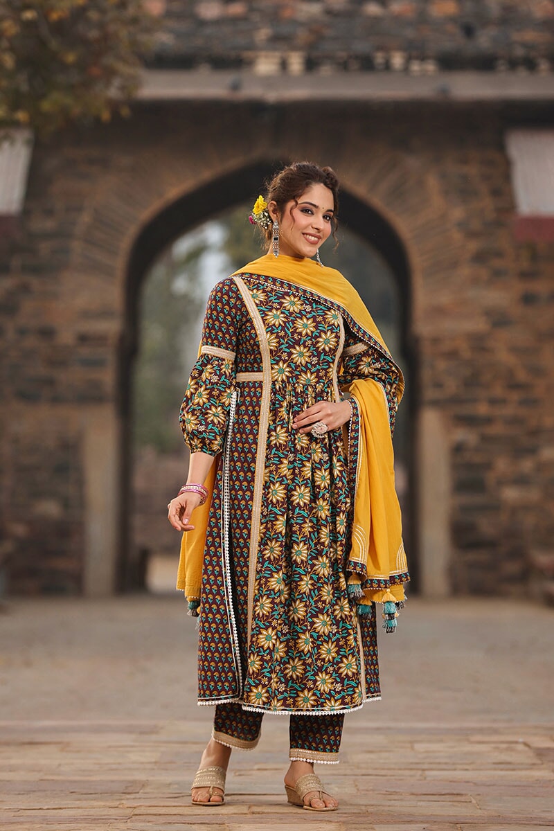 Veeda Brown  Floral High Slit Suit With Pant And Dupatta