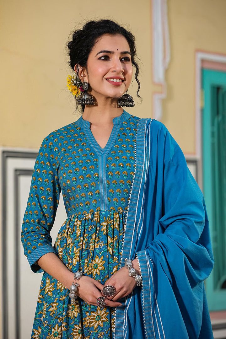Waani Blue Gathered Suit With Pant And Dupatta