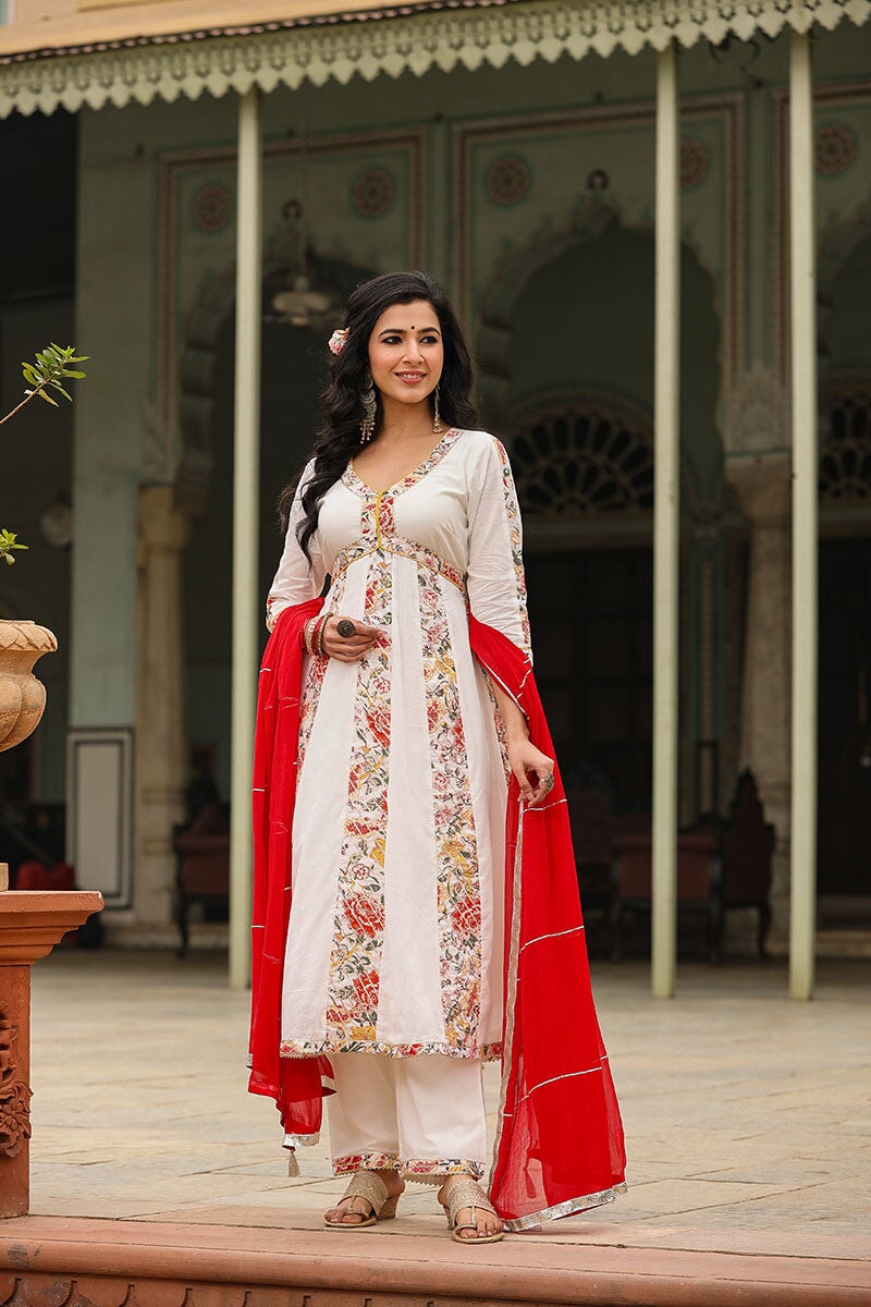 Eira White Alia Cut Paneled Long Flared Kurta With Pant And Dupatta