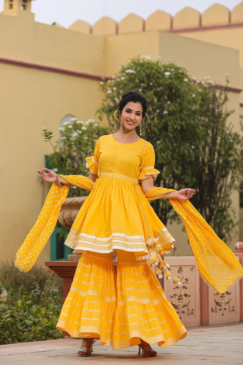 Baawari Yellow Gota Lace Kurta With Sharara And Dupatta