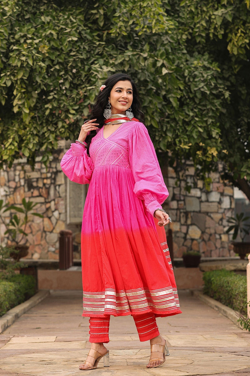 Karvi Red Pink Ombre Long Flared Gota Lace Kurta With Pant & Dupatta