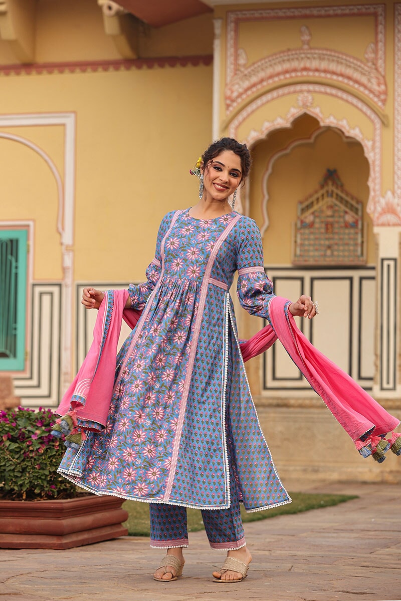 Malika Blue Floral High Slit Suit With Pant And Dupatta