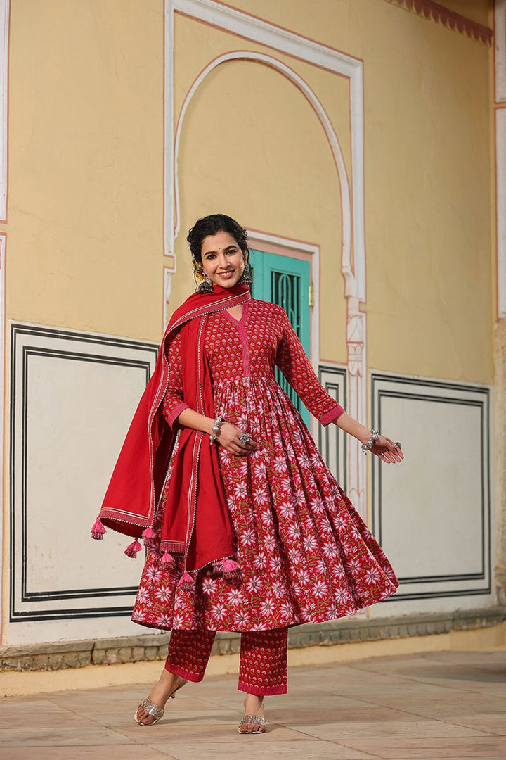 Madhubala Red Gathered Suit With Pant And Dupatta
