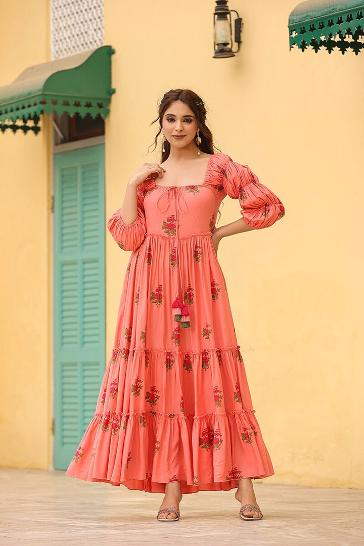 Masakali Peach Tiered Long Dress EverBloom Masakali Peach Tiered Long Dress EverBloom
