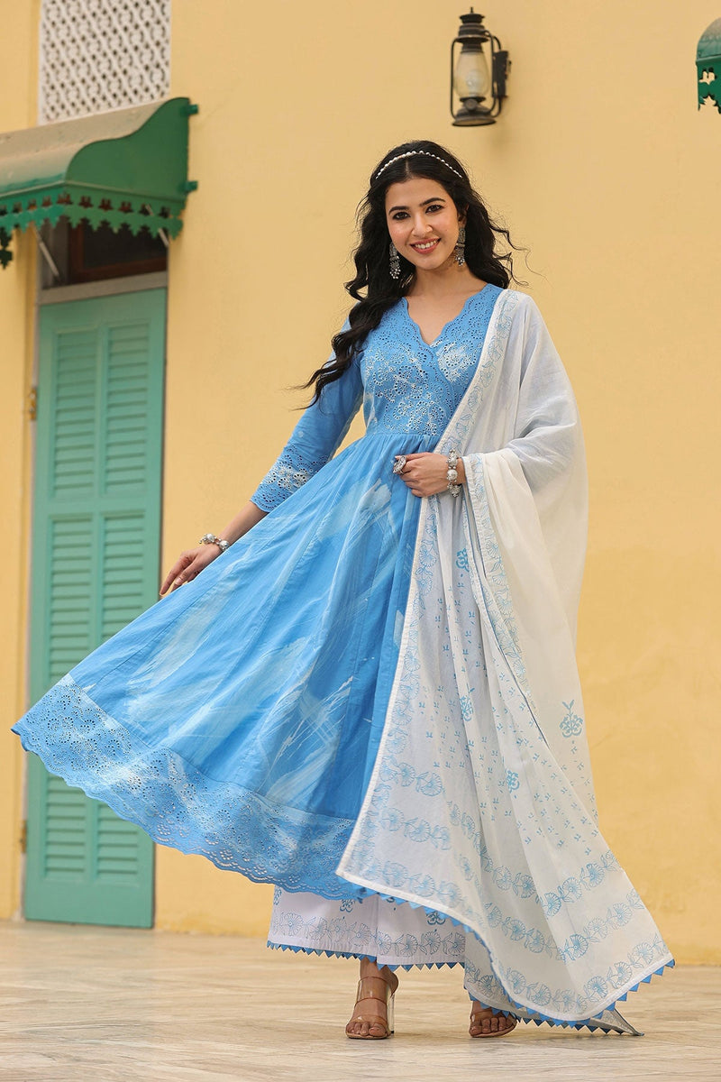 Noor Blue Brush Paint  Long Flared Kurta With Palazzo And Dupatta