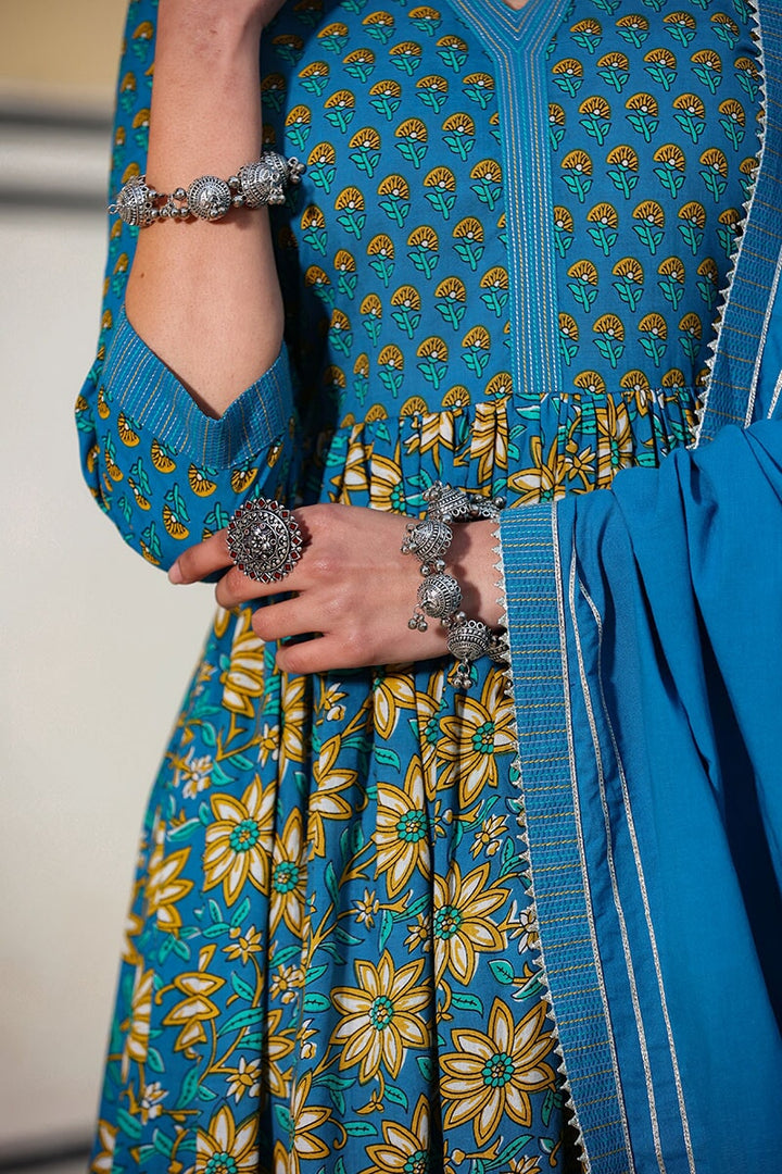 Waani Blue Gathered Suit With Pant And Dupatta