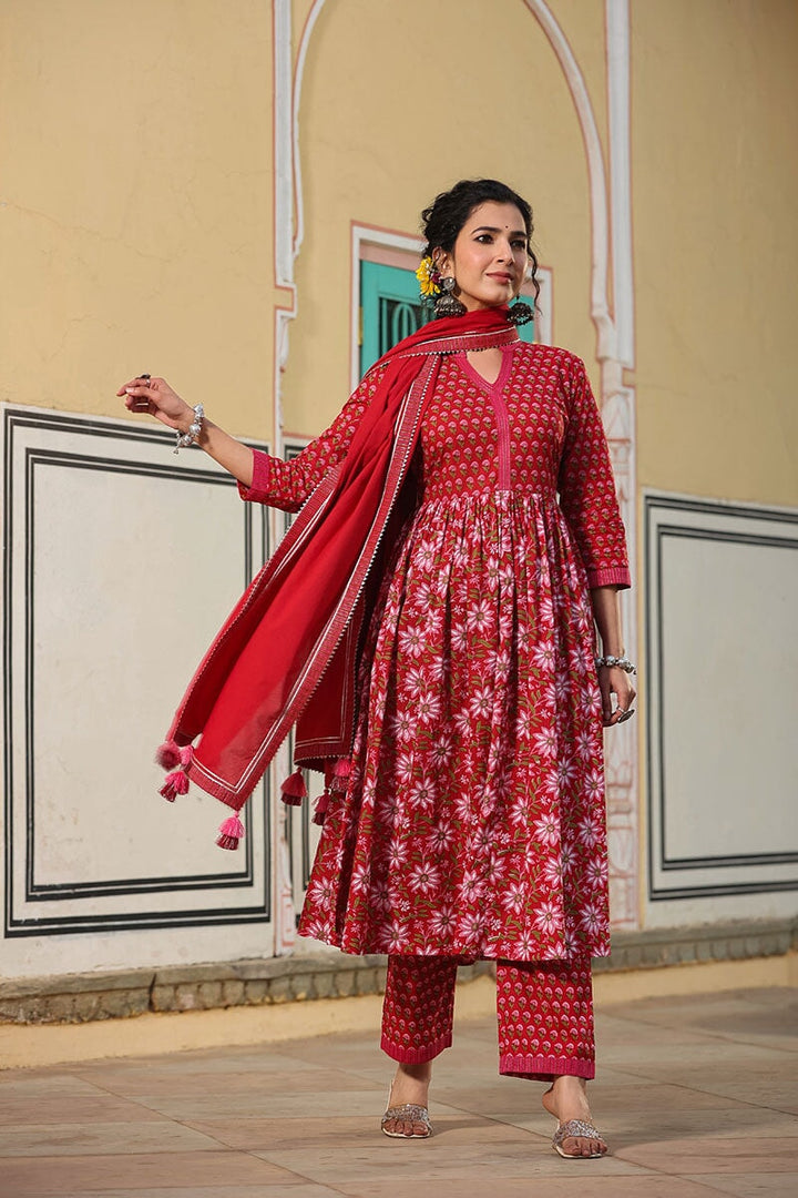Madhubala Red Gathered Suit With Pant And Dupatta