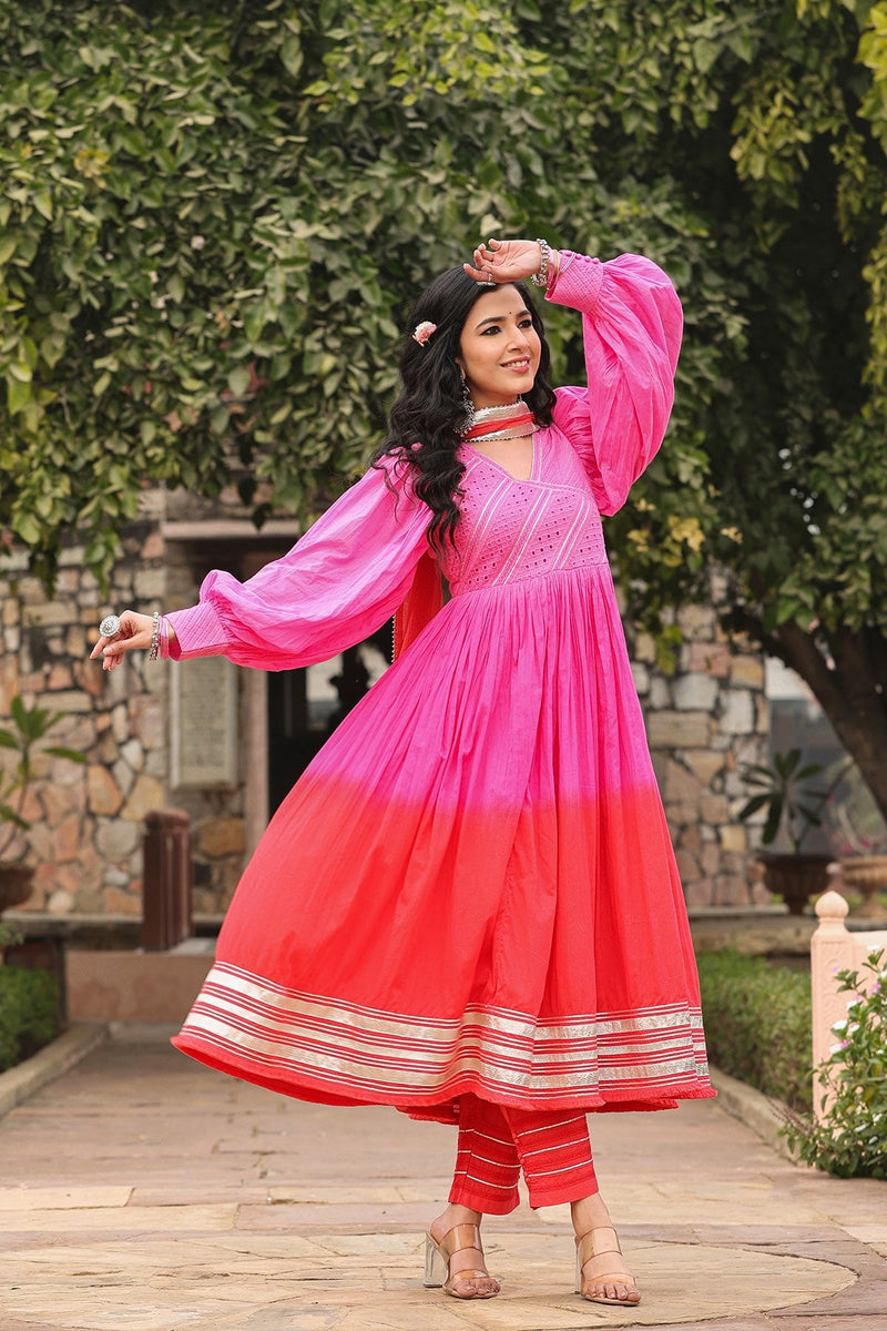 Karvi Red Pink Ombre Long Flared Gota Lace Kurta With Pant & Dupatta