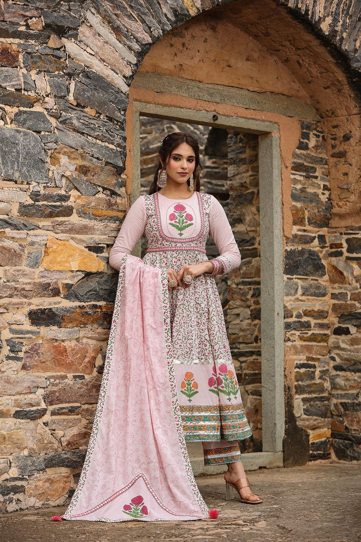 Sarah Pink Block Printed Floral Anarkali Suit With Pant And Dupatta
