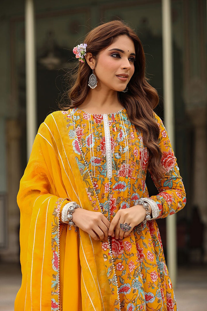 Inaya Yellow Floral Printed Anarkali Suit Set With Pant And Dupatta