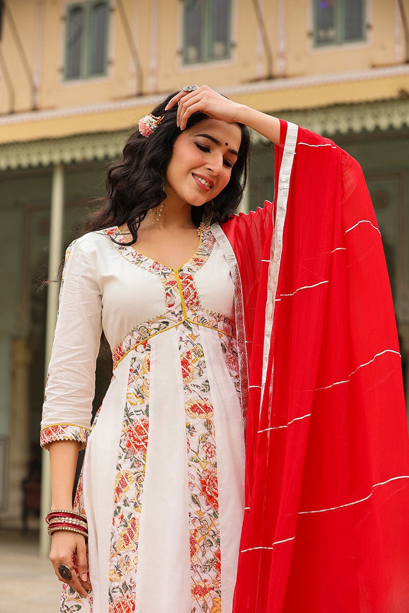 Eira White Alia Cut Paneled Long Flared Kurta With Pant And Dupatta