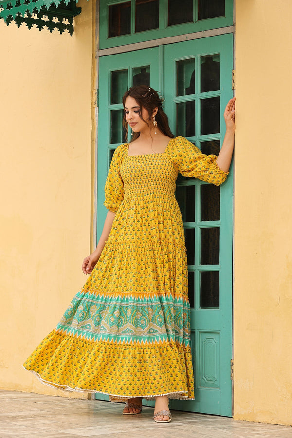 Haseena Block Printed  Tiered Long Dress