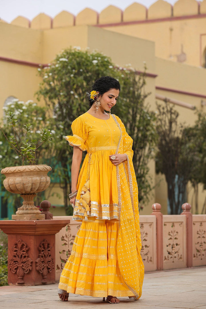 Baawari Yellow Gota Lace Kurta With Sharara And Dupatta