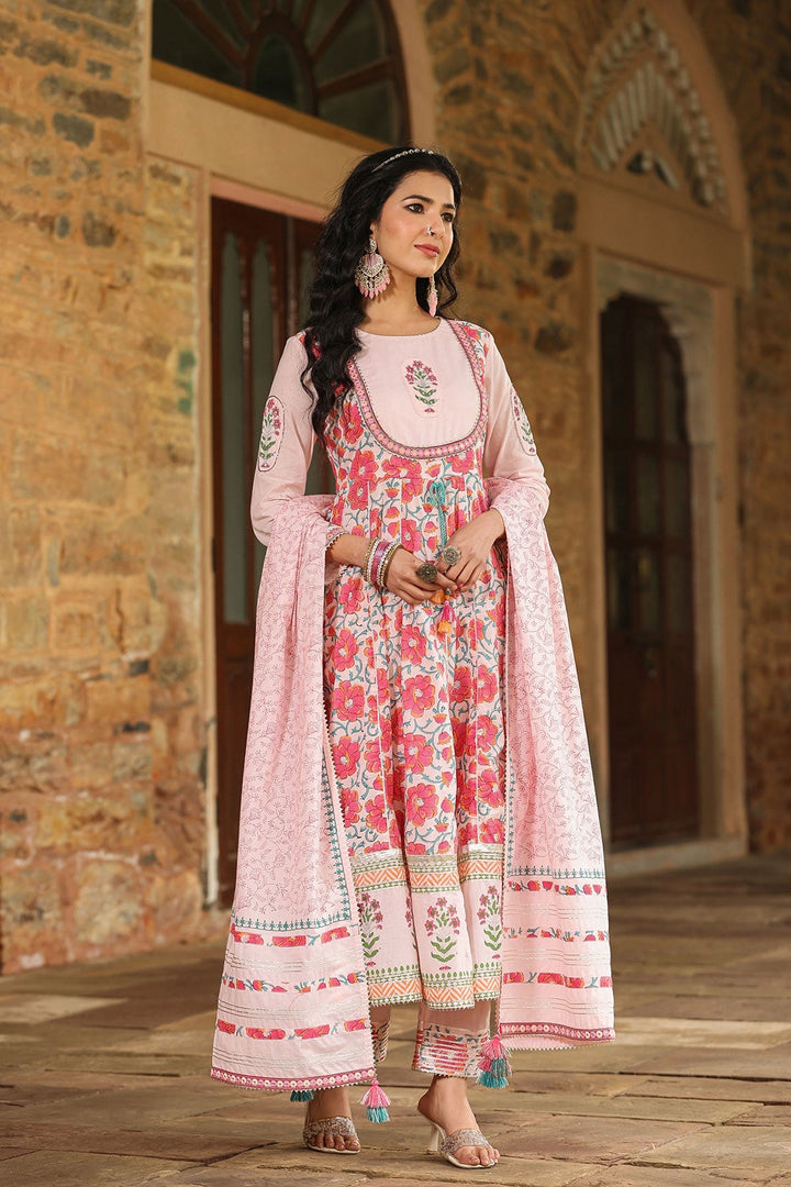 Dhwani Pink  Block Printed Floral Anarkali Suit With Pant And Dupatta