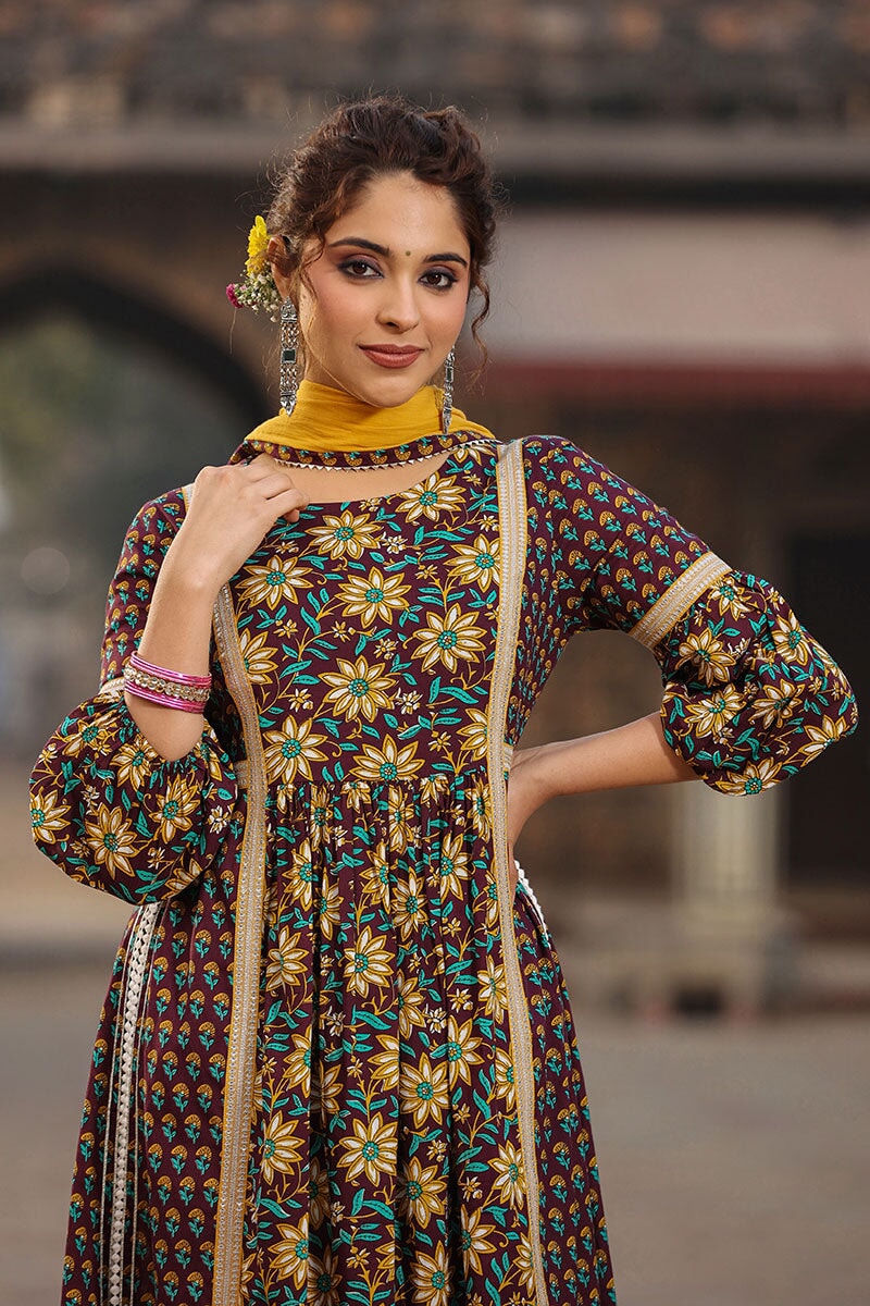 Veeda Brown  Floral High Slit Suit With Pant And Dupatta