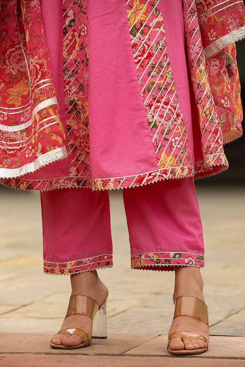 Gulabsah Pink Alia Cut Paneled Long Flared Kurta With Pant And Dupatta