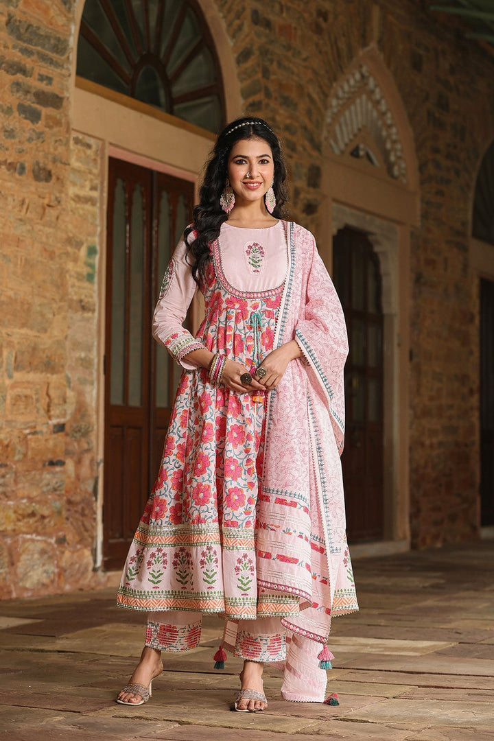 Dhwani Pink  Block Printed Floral Anarkali Suit With Pant And Dupatta