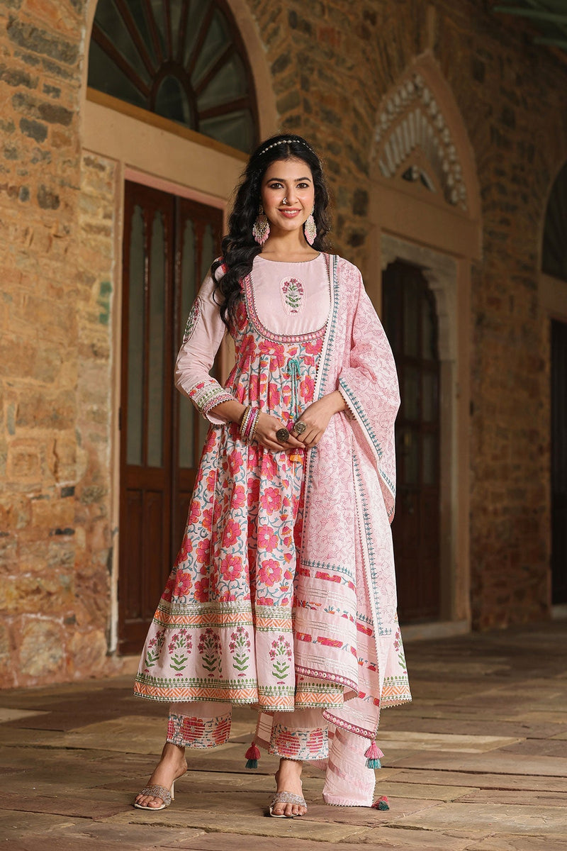 Dhwani Pink  Block Printed Floral Anarkali Suit With Pant And Dupatta