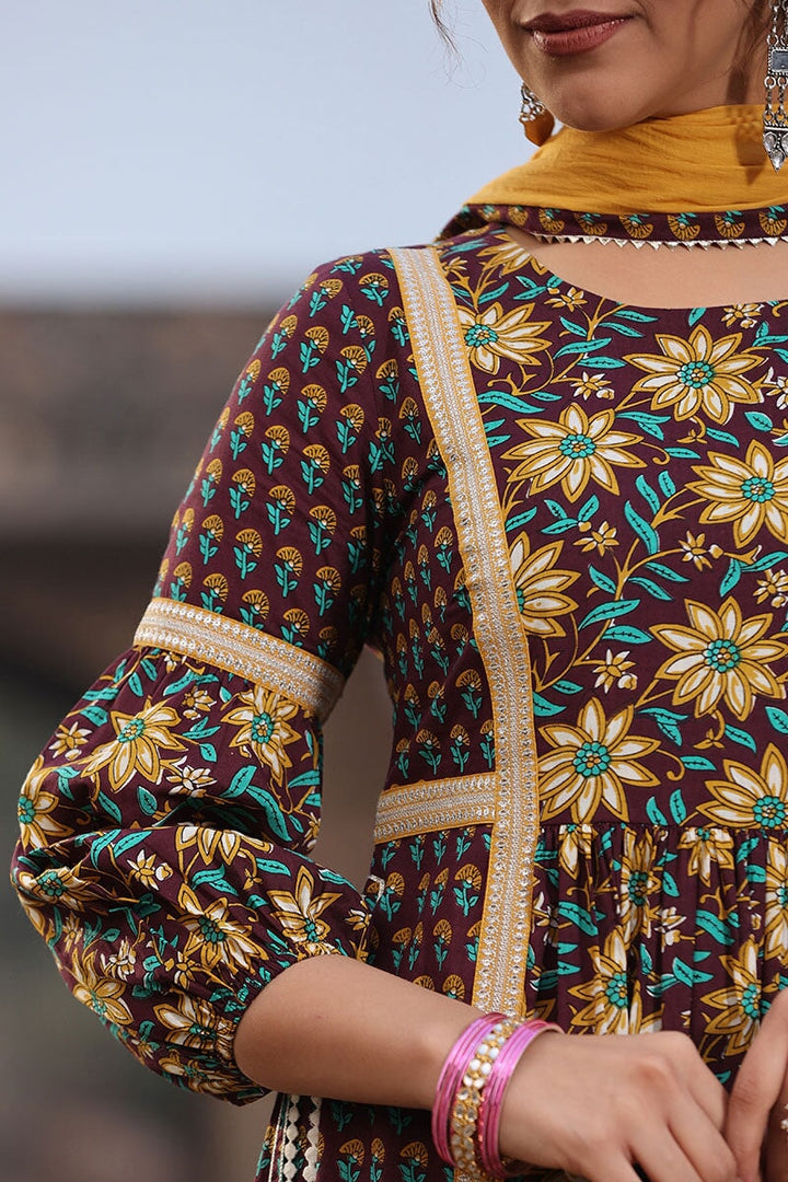 Veeda Brown  Floral High Slit Suit With Pant And Dupatta