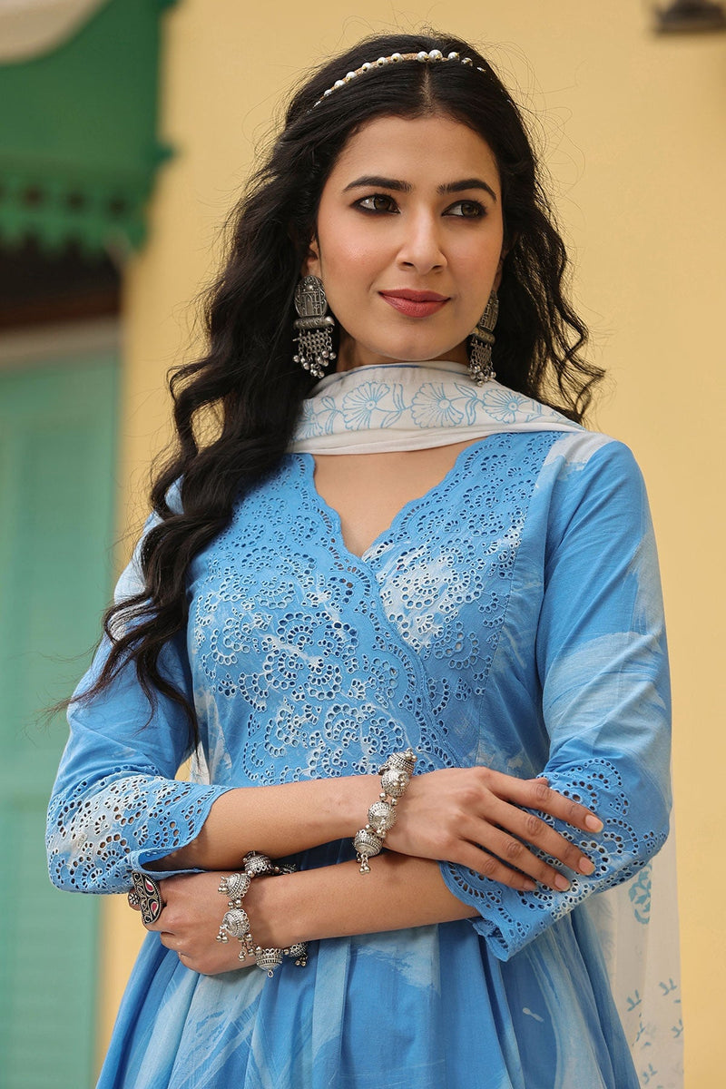 Noor Blue Brush Paint  Long Flared Kurta With Palazzo And Dupatta