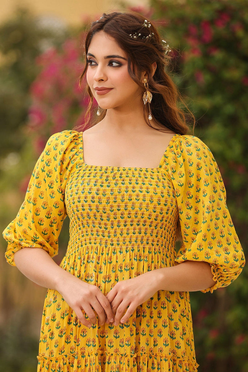 Haseena Block Printed  Tiered Long Dress