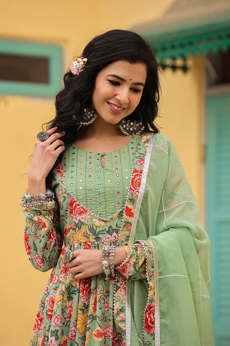 Iris Mint  Anarkali Floral Printed Gathered Suit Set With Palazzo And Dupatta