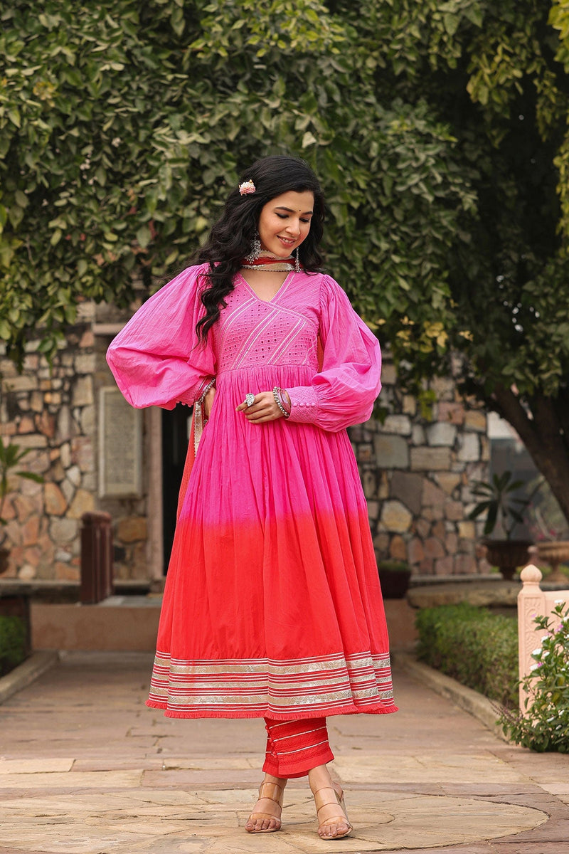 Karvi Red Pink Ombre Long Flared Gota Lace Kurta With Pant & Dupatta