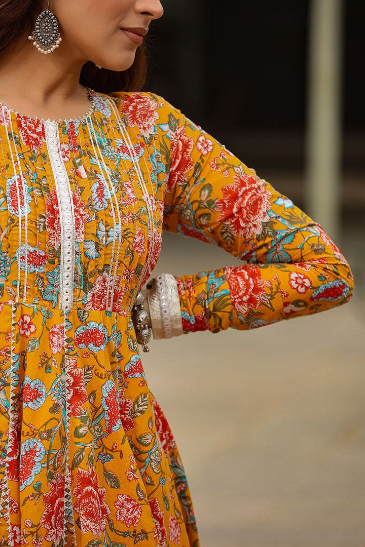 Inaya Yellow Floral Printed Anarkali Suit Set With Pant And Dupatta