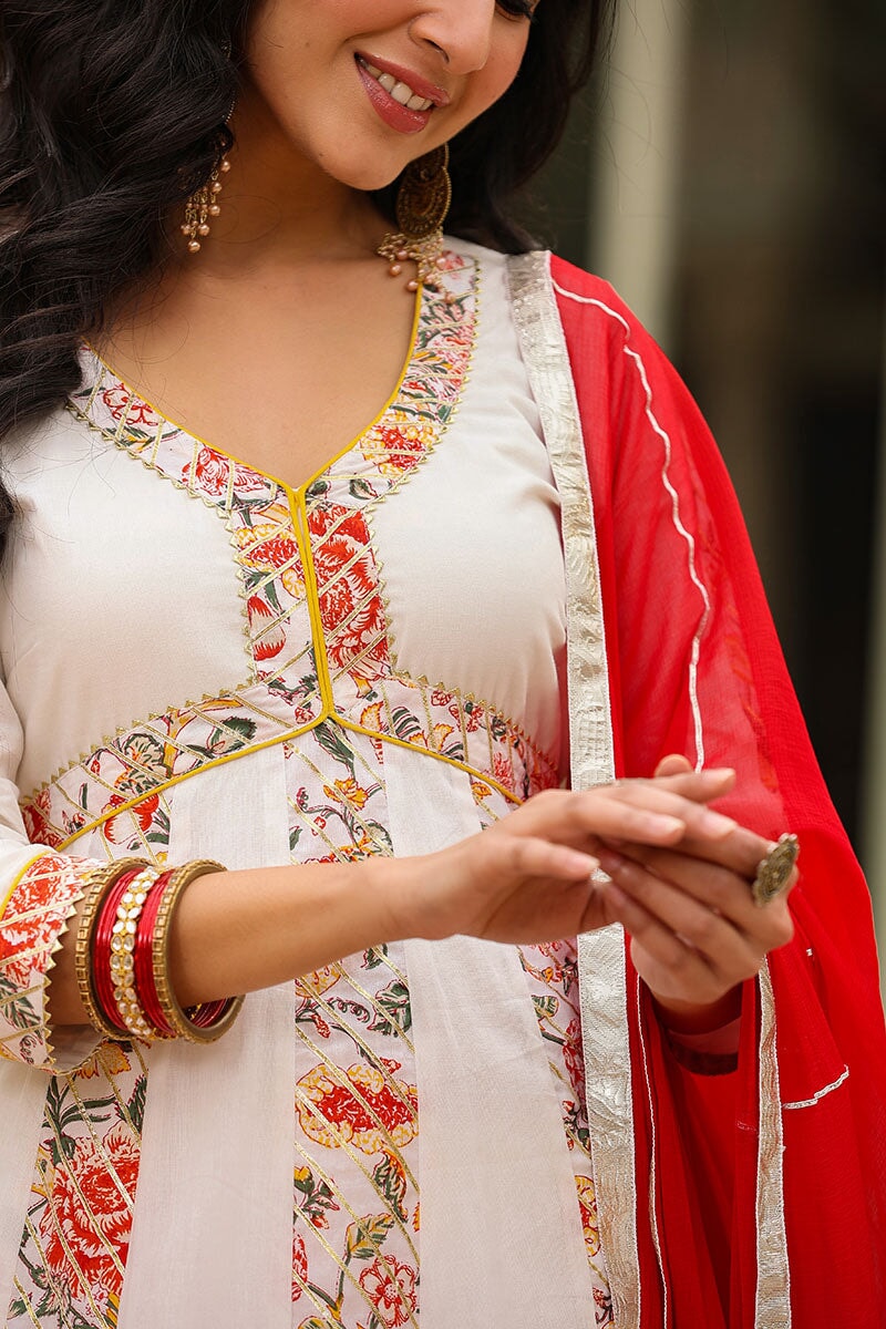 Eira White Alia Cut Paneled Long Flared Kurta With Pant And Dupatta