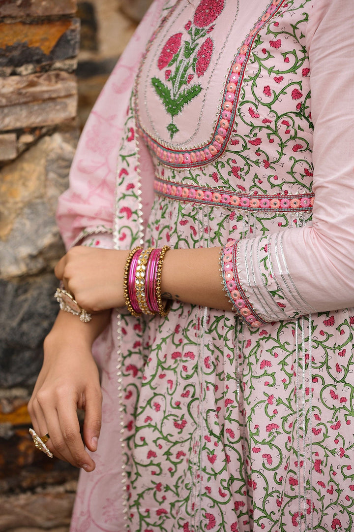 Sarah Pink Block Printed Floral Anarkali Suit With Pant And Dupatta