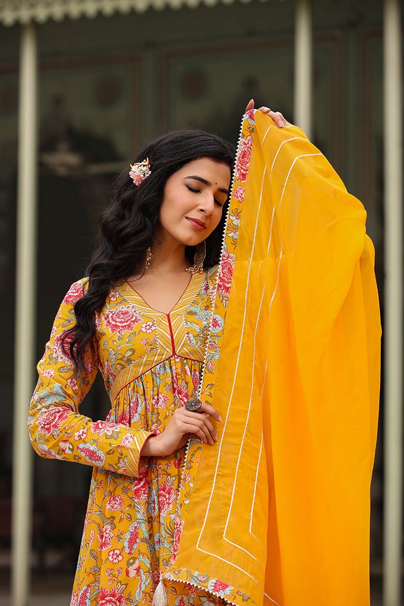 Hazara Yellow Floral Printed Kurta Set