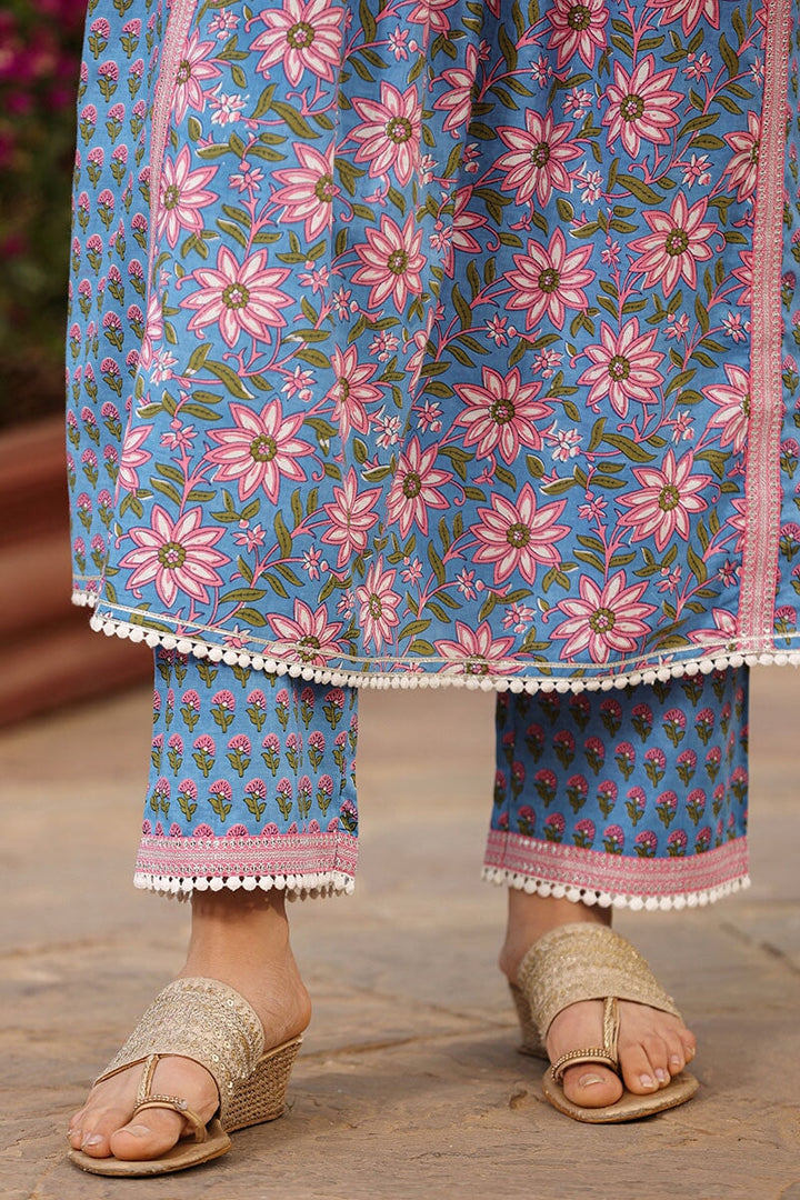 Malika Blue Floral High Slit Suit With Pant And Dupatta
