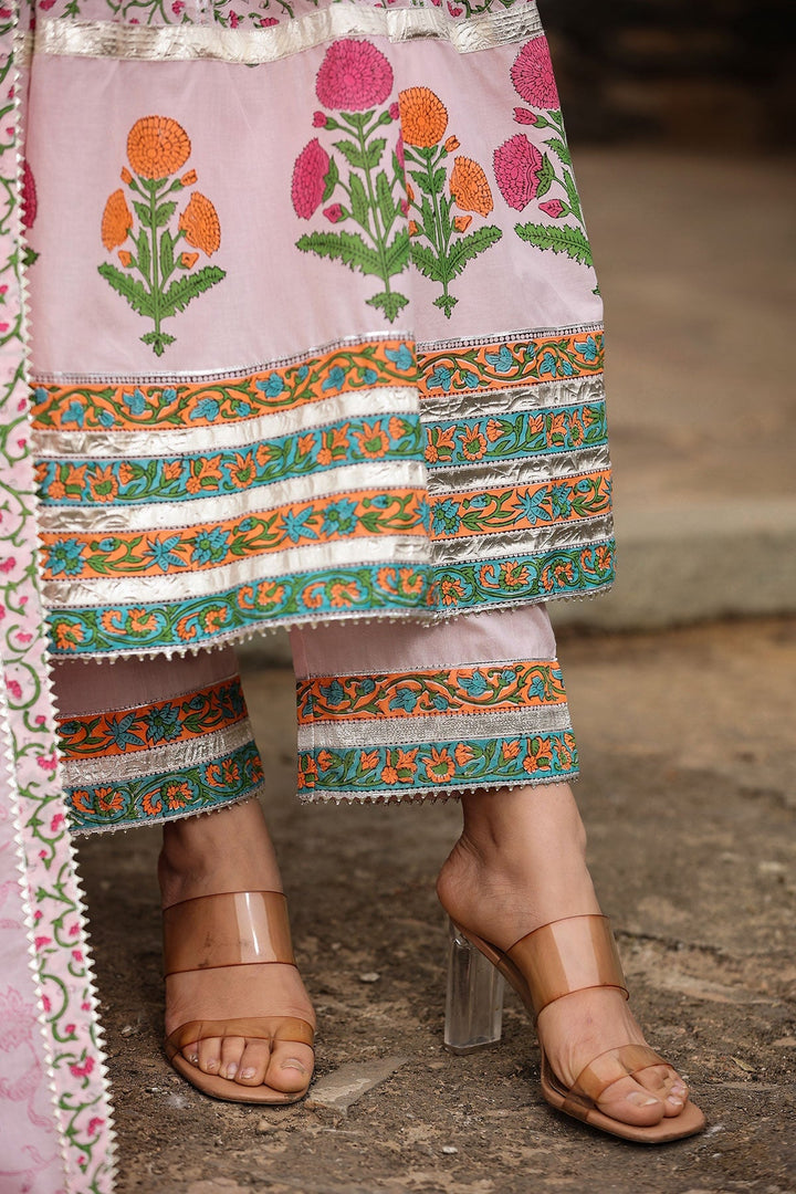 Sarah Pink Block Printed Floral Anarkali Suit With Pant And Dupatta
