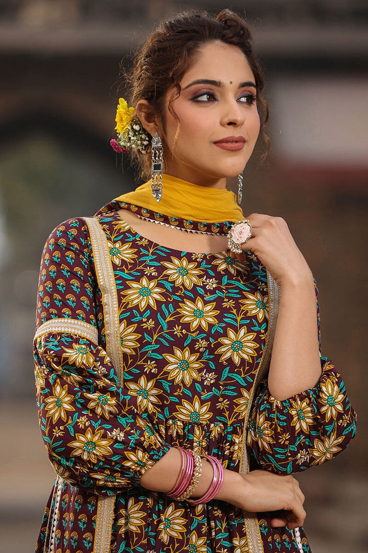 Veeda Brown  Floral High Slit Suit With Pant And Dupatta
