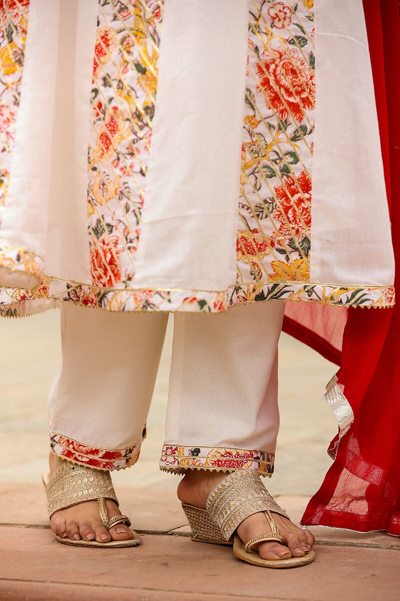 Eira White Alia Cut Paneled Long Flared Kurta With Pant And Dupatta