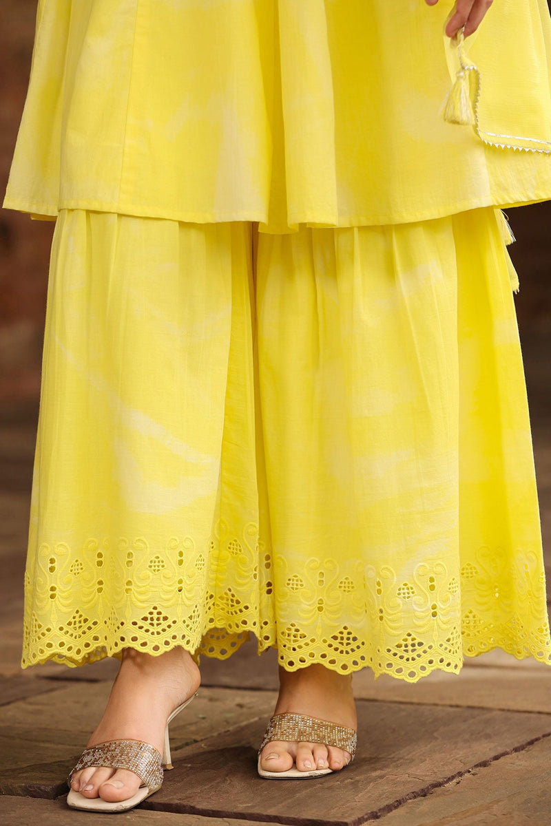 Basanti Yellow Brush Paint  Kurta With Sharara And Dupatta