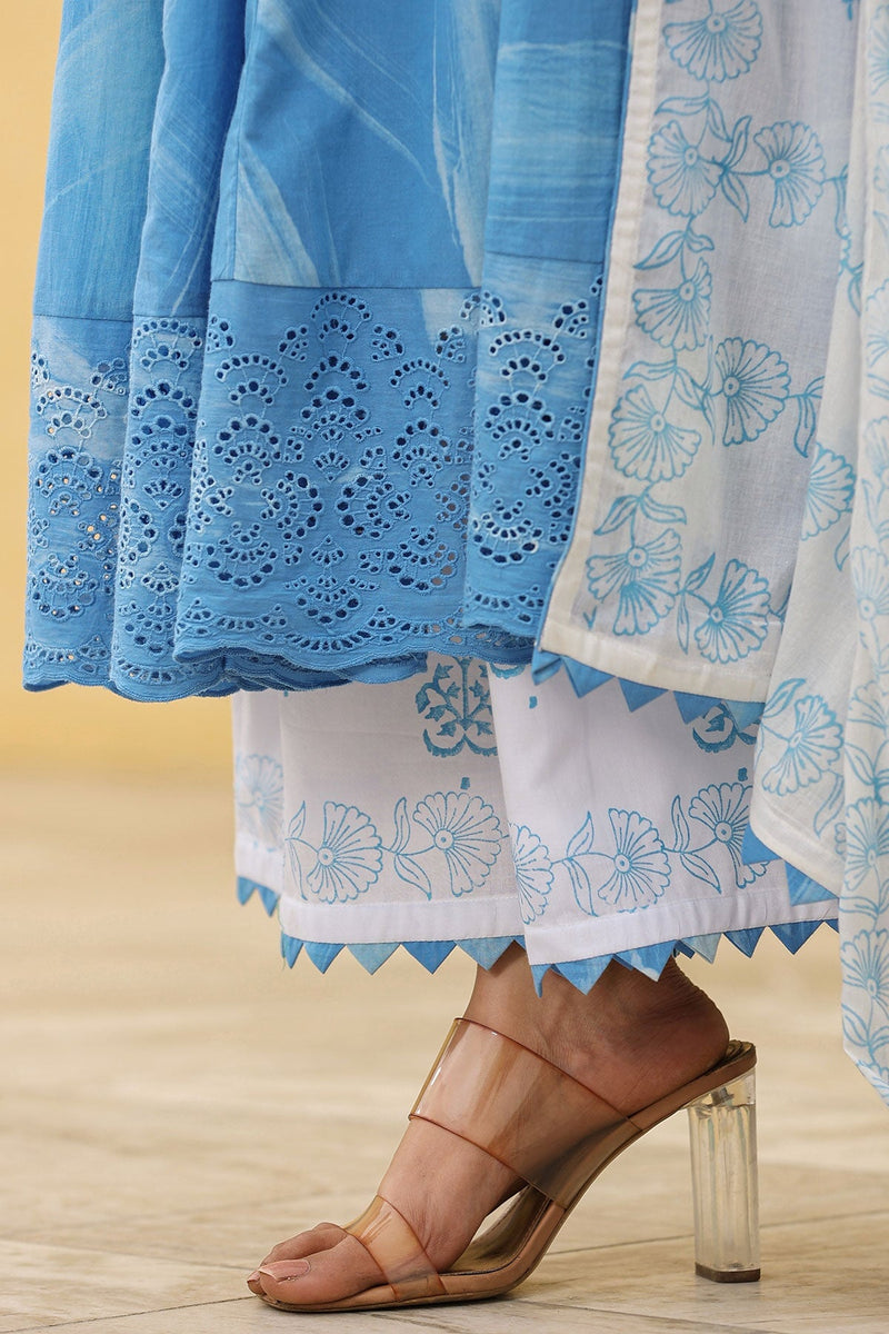 Noor Blue Brush Paint  Long Flared Kurta With Palazzo And Dupatta