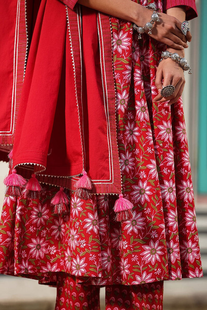 Madhubala Red Gathered Suit With Pant And Dupatta