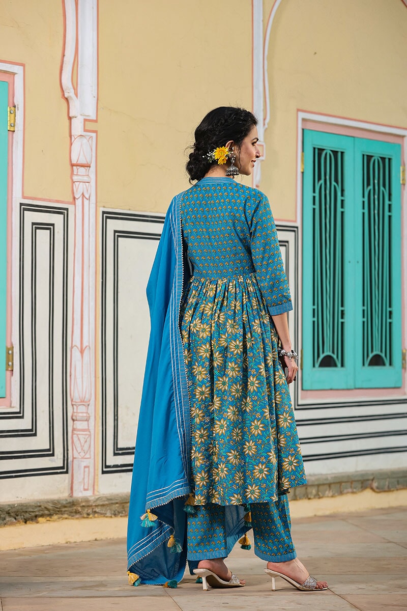 Waani Blue Gathered Suit With Pant And Dupatta