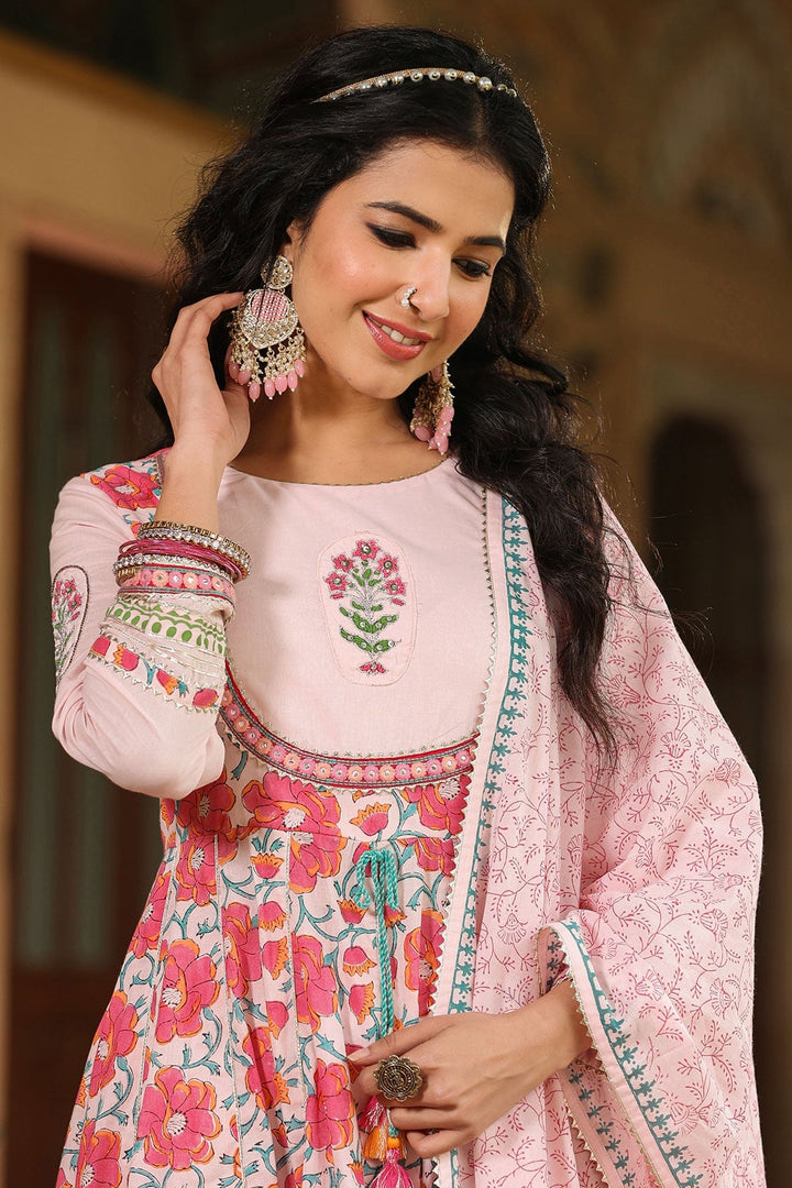 Dhwani Pink  Block Printed Floral Anarkali Suit With Pant And Dupatta