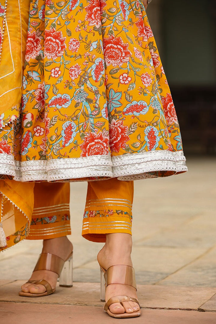 Inaya Yellow Floral Printed Anarkali Suit Set With Pant And Dupatta