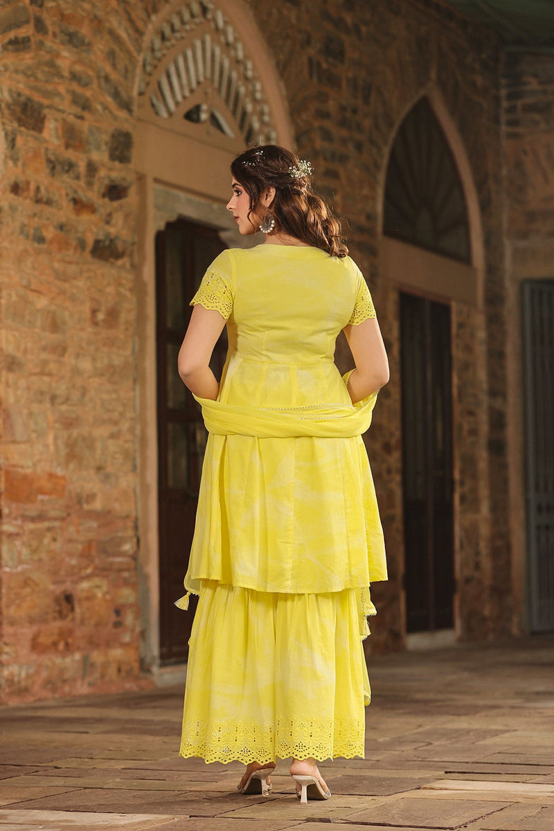 Basanti Yellow Brush Paint  Kurta With Sharara And Dupatta