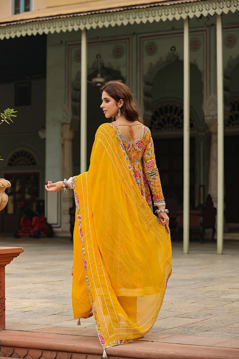 Inaya Yellow Floral Printed Anarkali Suit Set With Pant And Dupatta