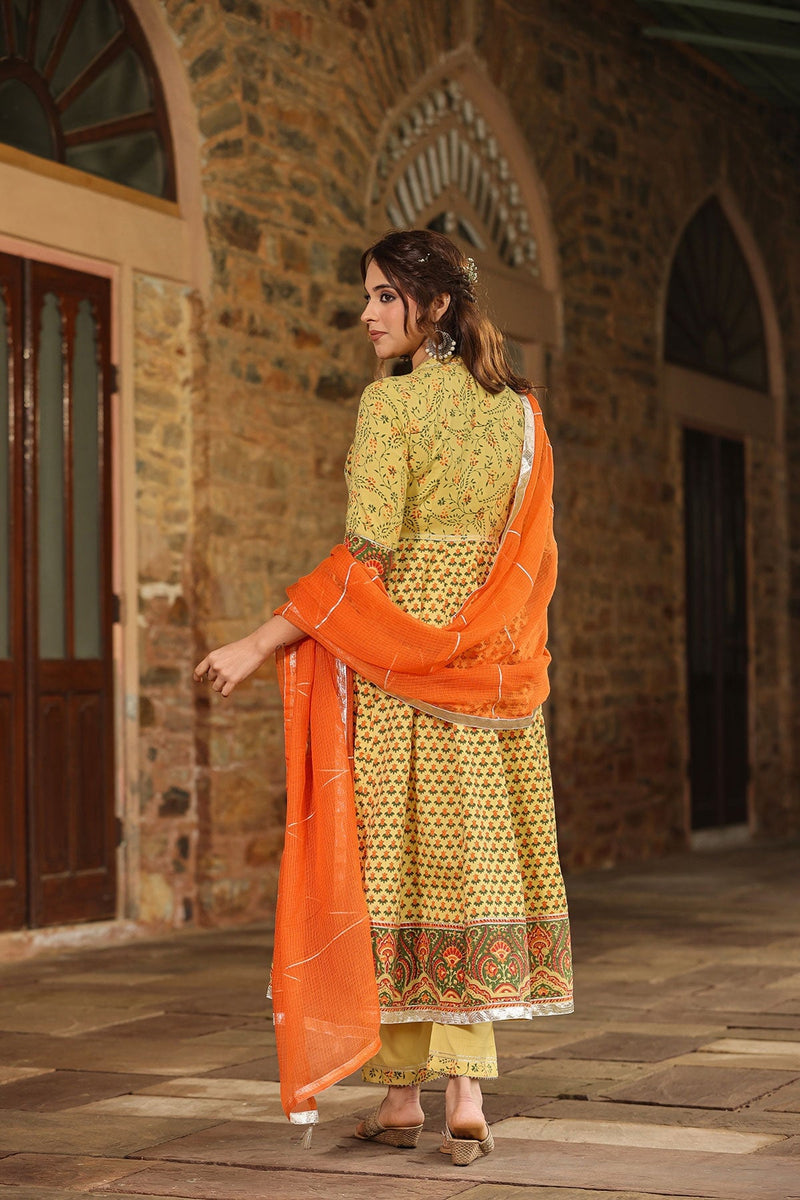 Fitrat Yellow Block Printed  Floral Anarkali Suit With Pant And Dupatta