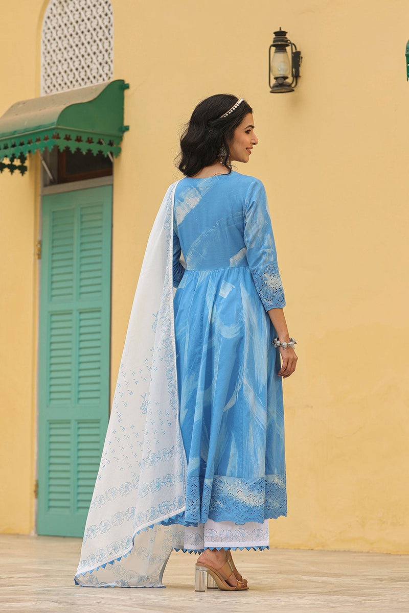 Noor Blue Brush Paint  Long Flared Kurta With Palazzo And Dupatta