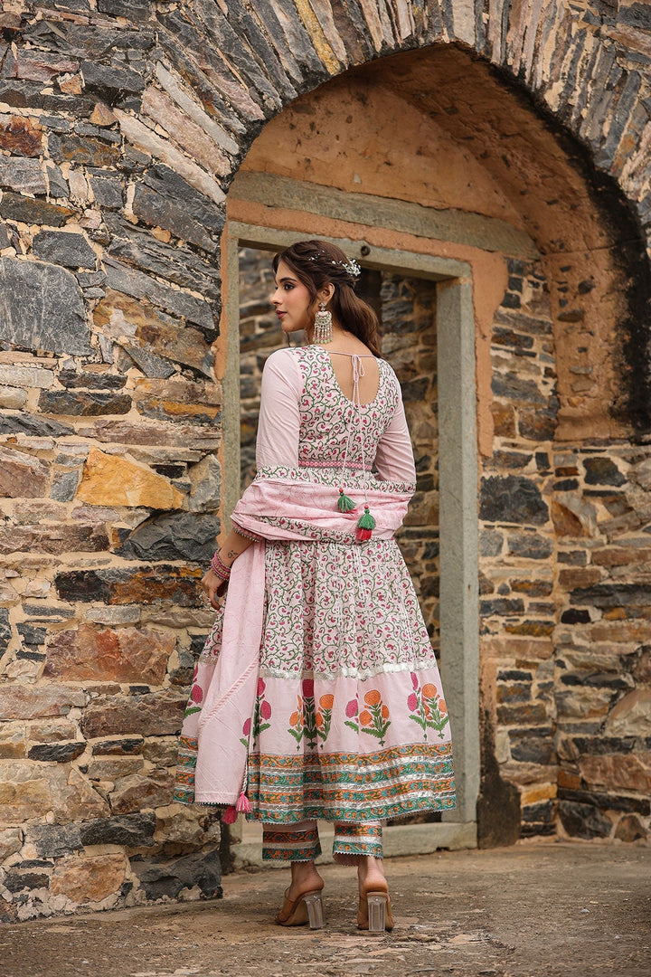 Sarah Pink Block Printed Floral Anarkali Suit With Pant And Dupatta