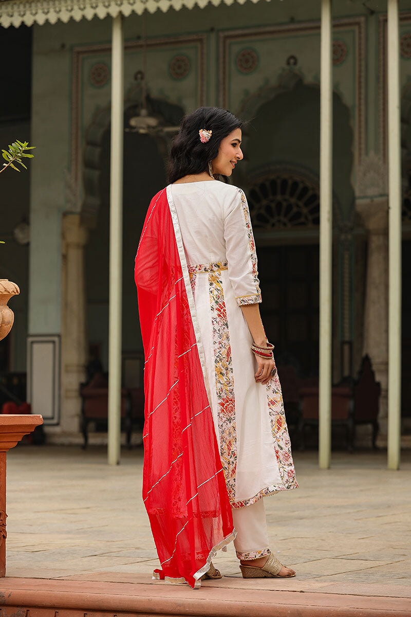Eira White Alia Cut Paneled Long Flared Kurta With Pant And Dupatta
