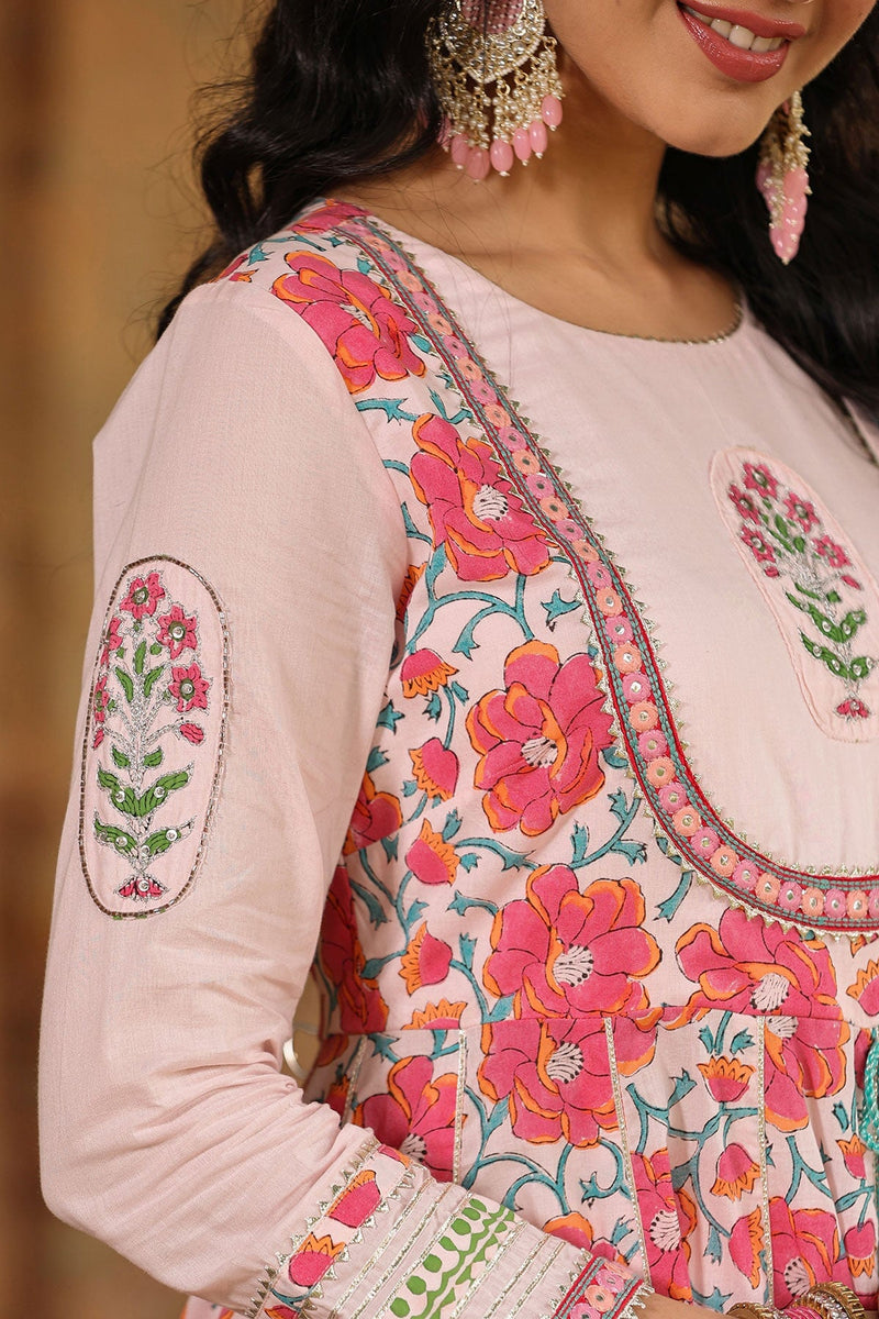 Dhwani Pink  Block Printed Floral Anarkali Suit With Pant And Dupatta