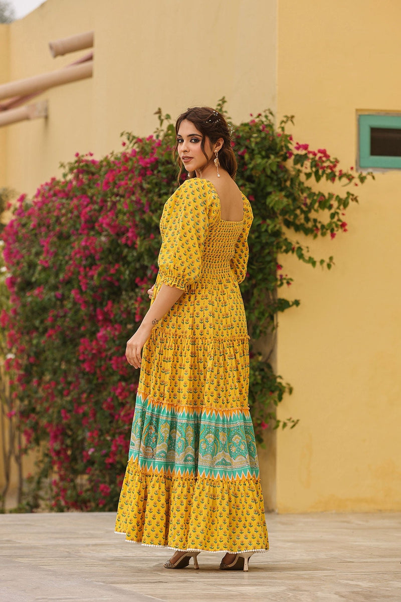 Haseena Block Printed  Tiered Long Dress