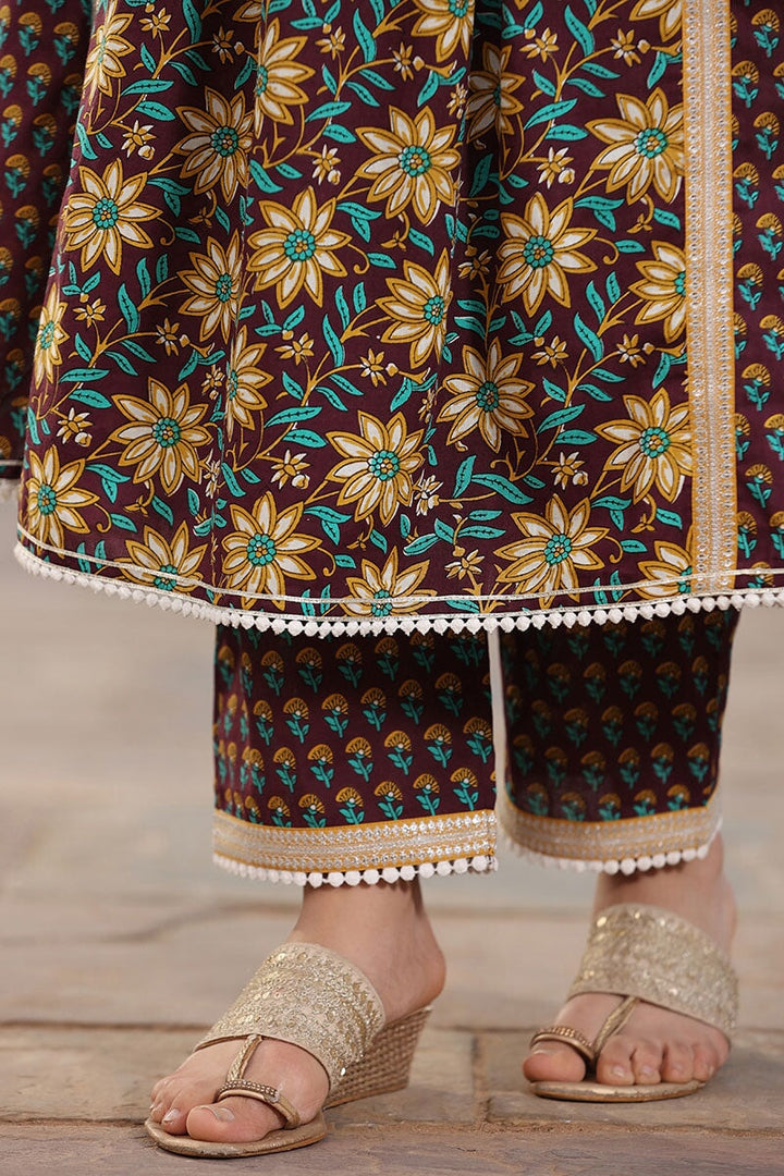 Veeda Brown  Floral High Slit Suit With Pant And Dupatta